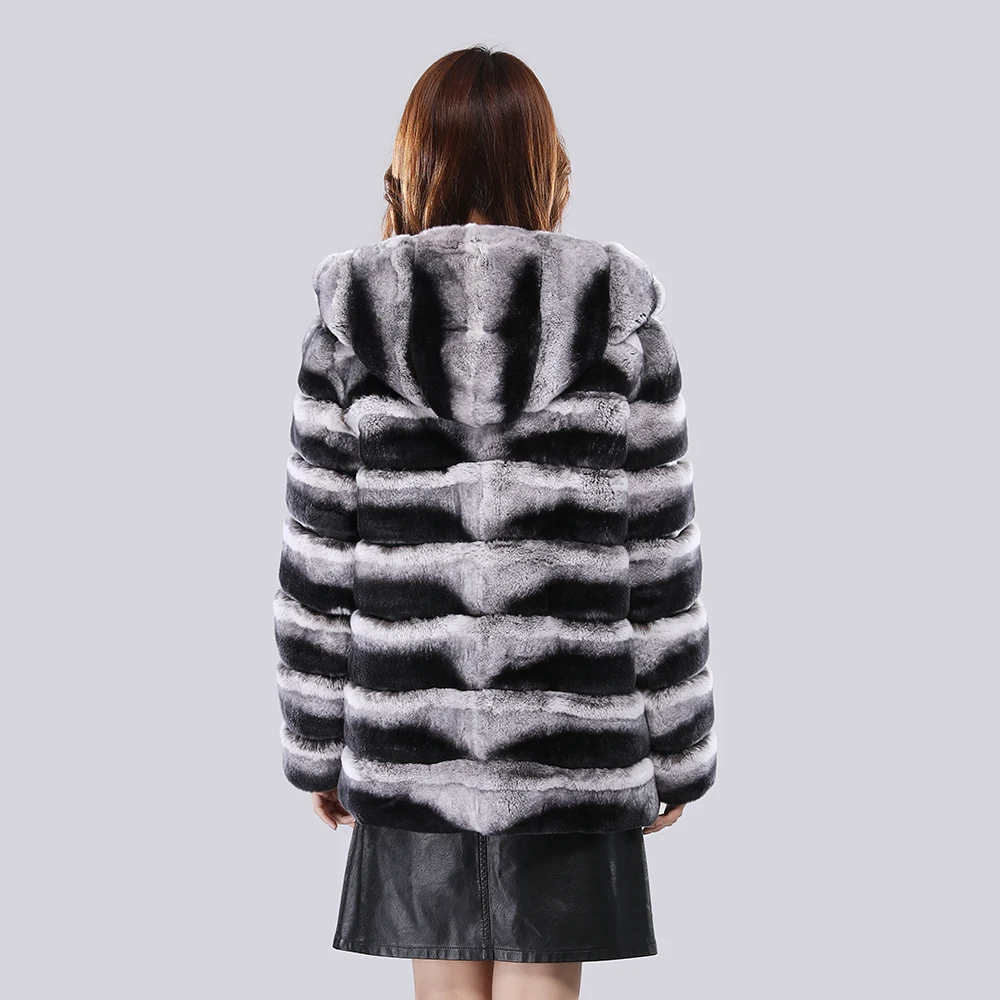 100% Natural Fur Warm Jacket Loose Knited Quality Luxury Hooded Full Sleeves Autumn Winter Women Real Rex Rabbit Thick Fur Coat