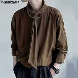 INCERUN Men Shirt Solid Color Lace Up Long Sleeve Loose Casual Men Clothing Streetwear 2024 Fashion Leisure Male Shirts S-5XL