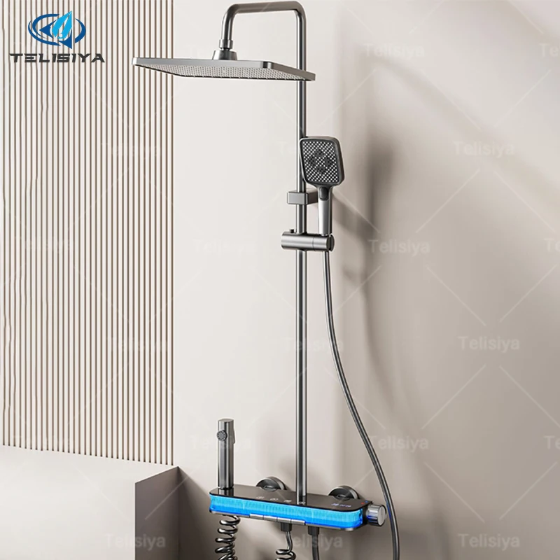 

Клавиши фортепиано Серый душевой набор для ванной комнаты Многофункциональный цифровой дисплей Натуральное освещение Бытовая душевая система под давлением