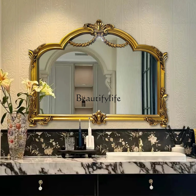

French European retro carved arched bathroom mirror bathroom decorative mirror smart