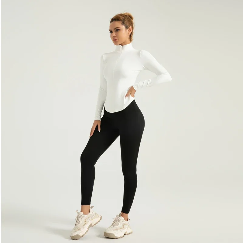 Giacca sportiva da yoga da donna Slim Fit a maniche lunghe Cappotto da yoga fitness Cerniera nascosta Top corto da yoga Colletto alla coreana Tuta invernale