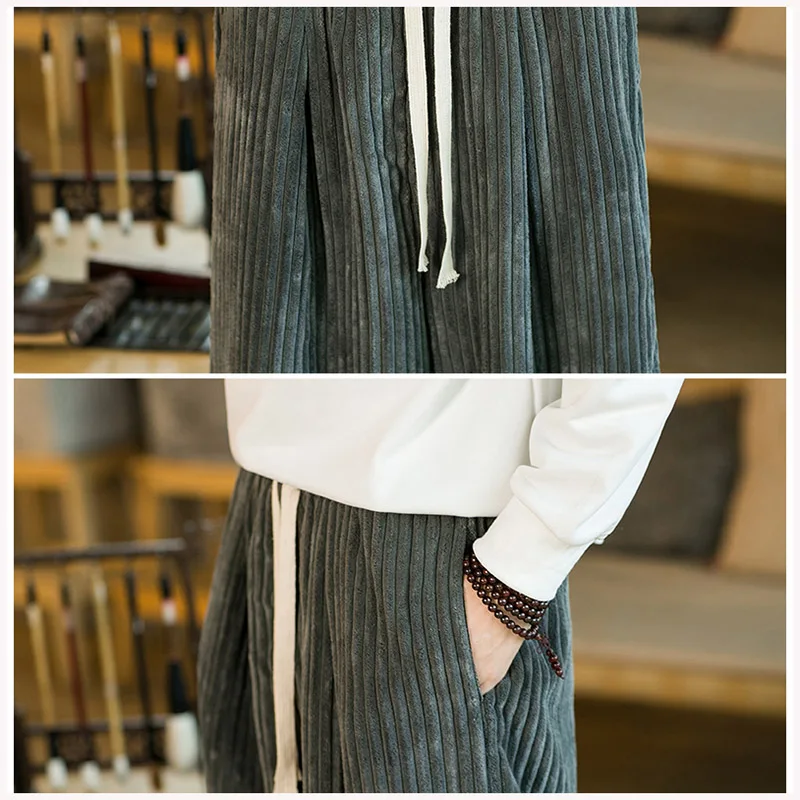 Brand Clothing Winter Corduroy Pants Men baggy Elastic Waist Straight Thick Outdoors Casual Trousers Plus Size Wide leg pants