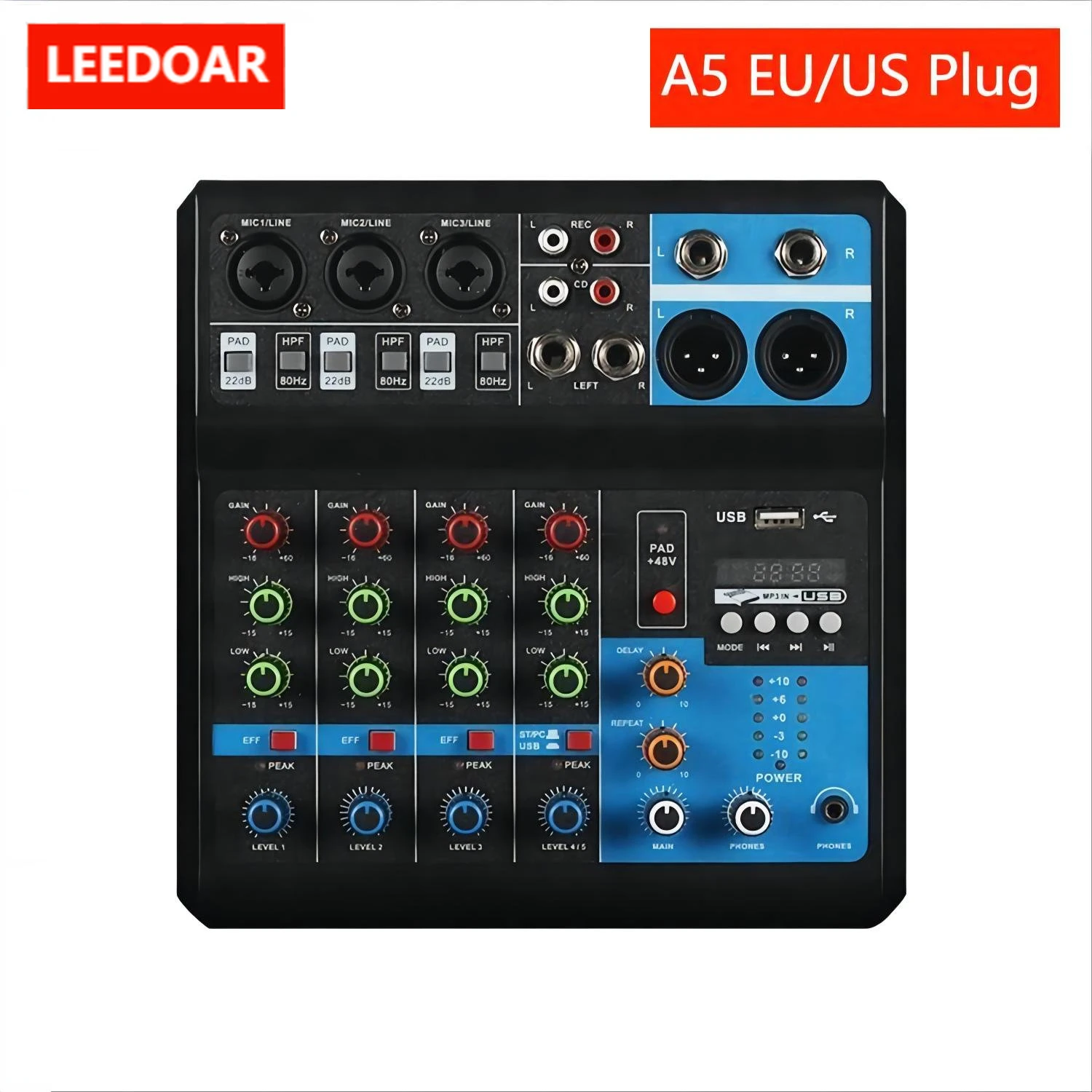 

5 Channel Sound Mixer Table Audio Professional Portable Digital Console Computer Recording DJ Controller Processor USB Bluetooth