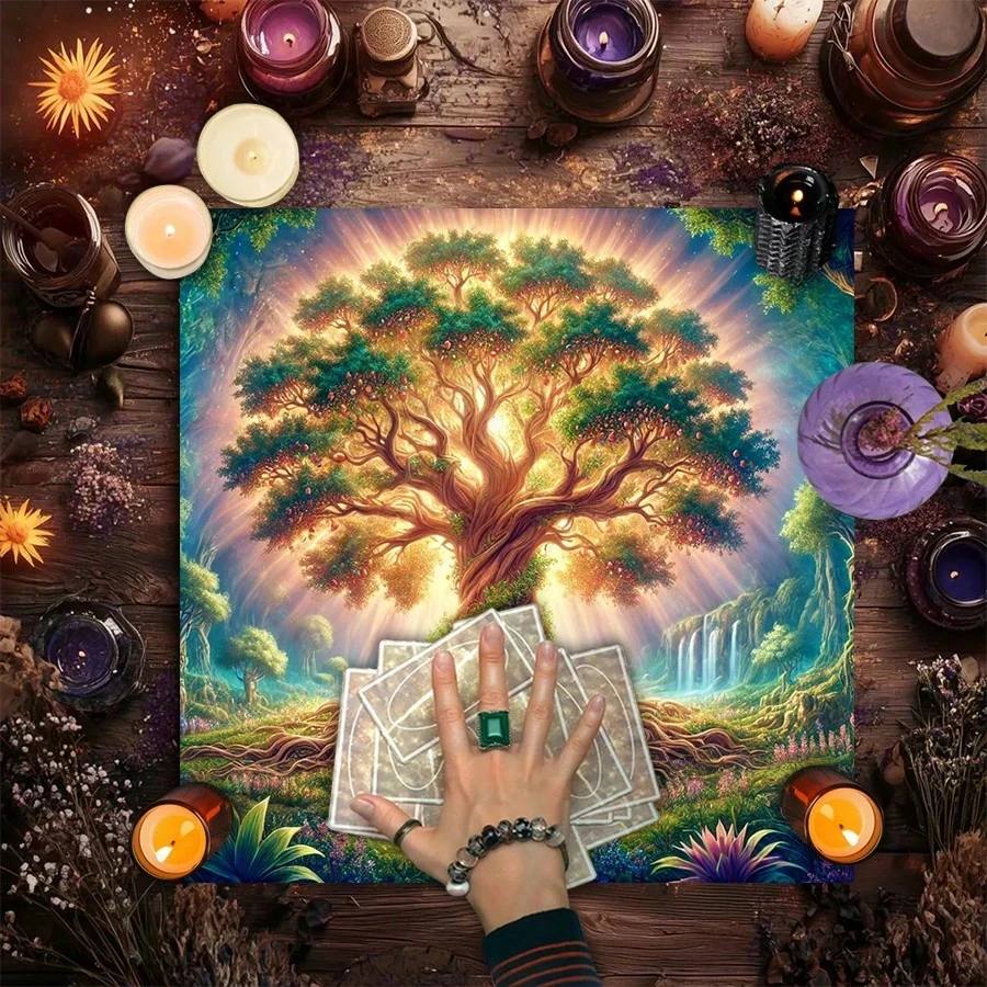 1 Stück bezaubernde Vintage-Tischdecke mit Blumenmuster, Sonne, Mond, Baum des Lebens, Boho-Polyester-Altarmatte für Tarot-Lesungen, Hexerei