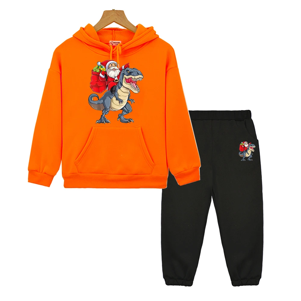 Santa Claus and dinosaurs anime hoodie Fleece sweatshirt y2k pullover Christmas boy girl Sport Hooded Sets kids boutique clothes