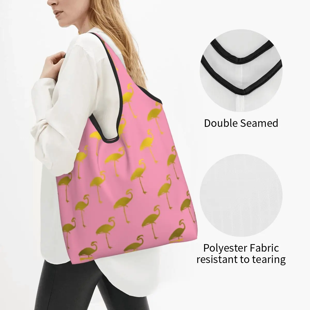 Gold And Pink Flamingos Pattern Grocery Shopping Tote Bag Women Fashion Shoulder Shopper Bag Large Capacity Handbags