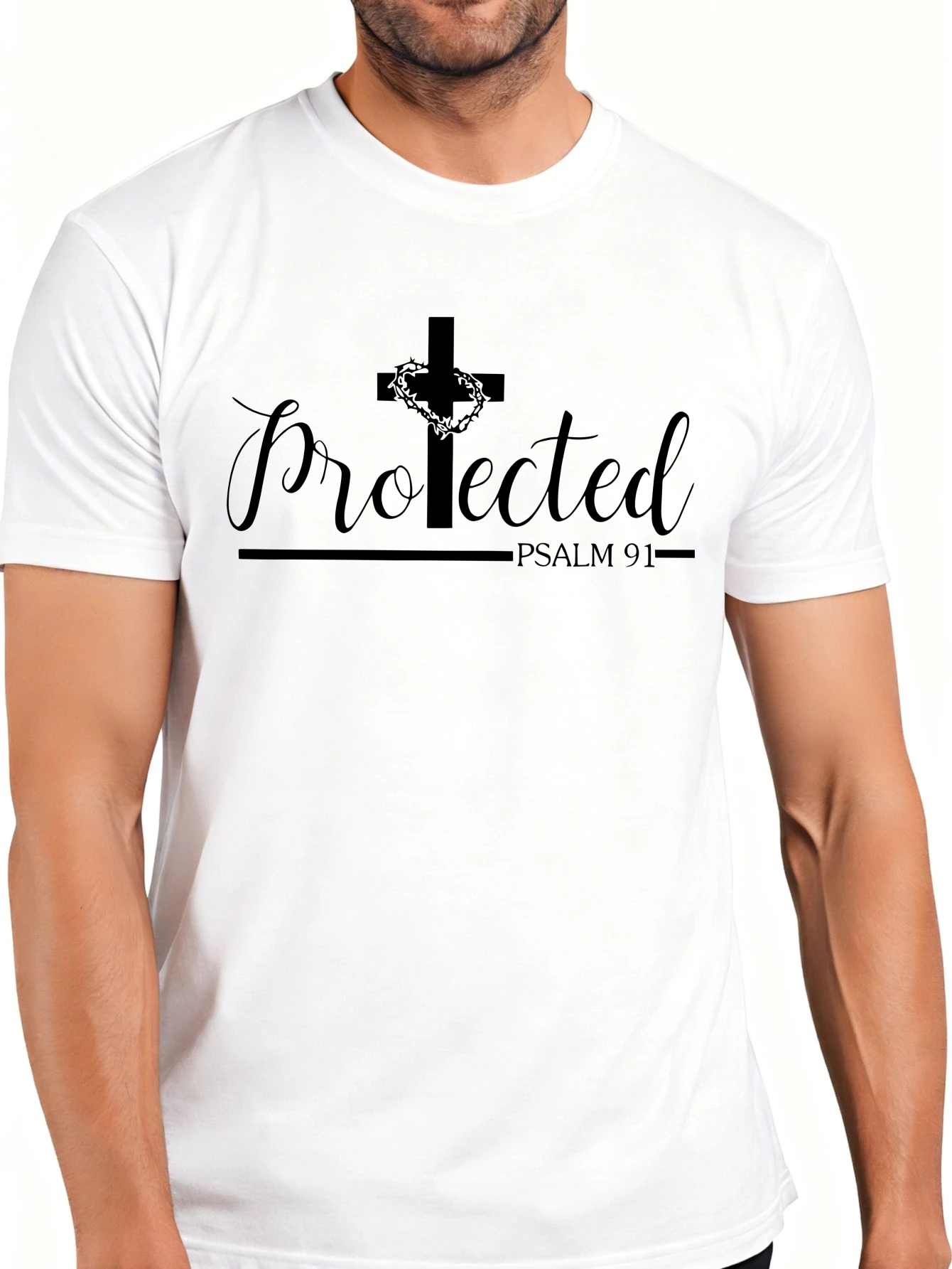 Men's Graphic T-Shirt - Breathable, Soft, Lightweight - Protective Psalm 91 Cross Design - Vintage Fun Graphic Casual Short Sleeve Summer Top, Gift for Him