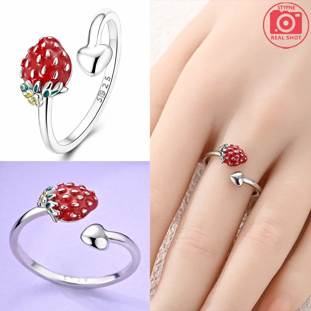 Original Dreamy Strawberry Starry Bat Forever Silver Ring Valentine's Fine Gift Women Jewelry Colorful CZ Adjustable Finger Ring