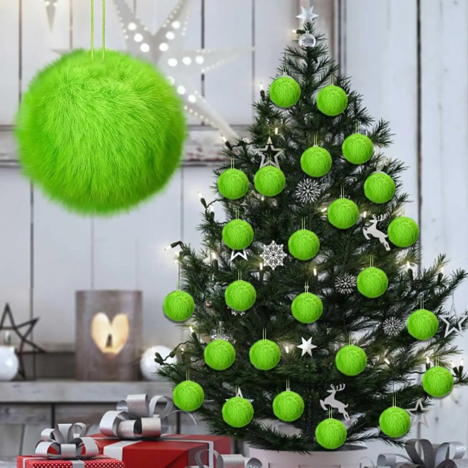 

12pcs 6cm Christmas Lime Green Plush Ball Ornaments Soft Indoor Tree And Fireplace Decoration Christmas Ball Decor