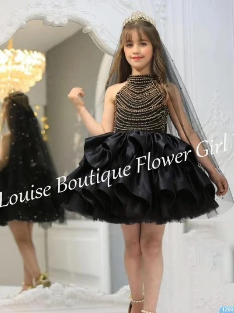Vestido de niña de flores personalizado con cuentas, cuello alto, perlas brillantes, falda esponjosa, minivestido de fiesta de boda, vestido de fiesta de princesa para dama de honor