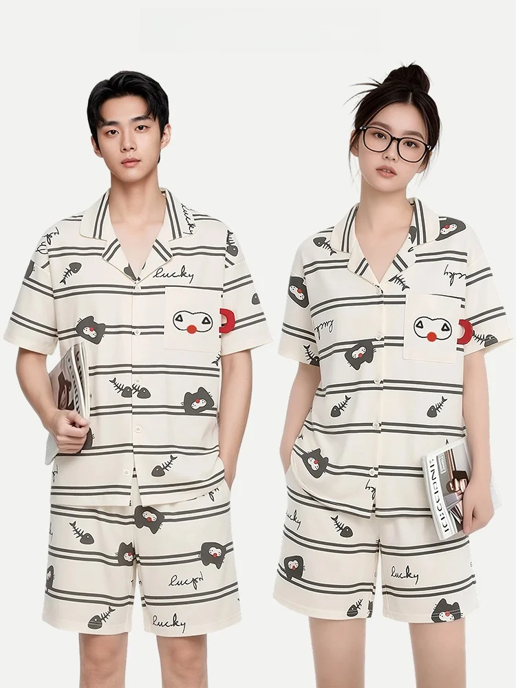

PinkBread Couples Summer Cotton Pajamas Short Sleeve Striped Home Clothes Women's Comfortable Breathable Outerwear Nightgown