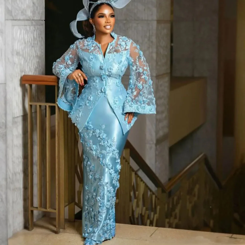 Nigeria Plus Size Mermaid Evening Gown Satin Decal Loose Long Sleeved Ball Gown Wedding Party Gown Customization