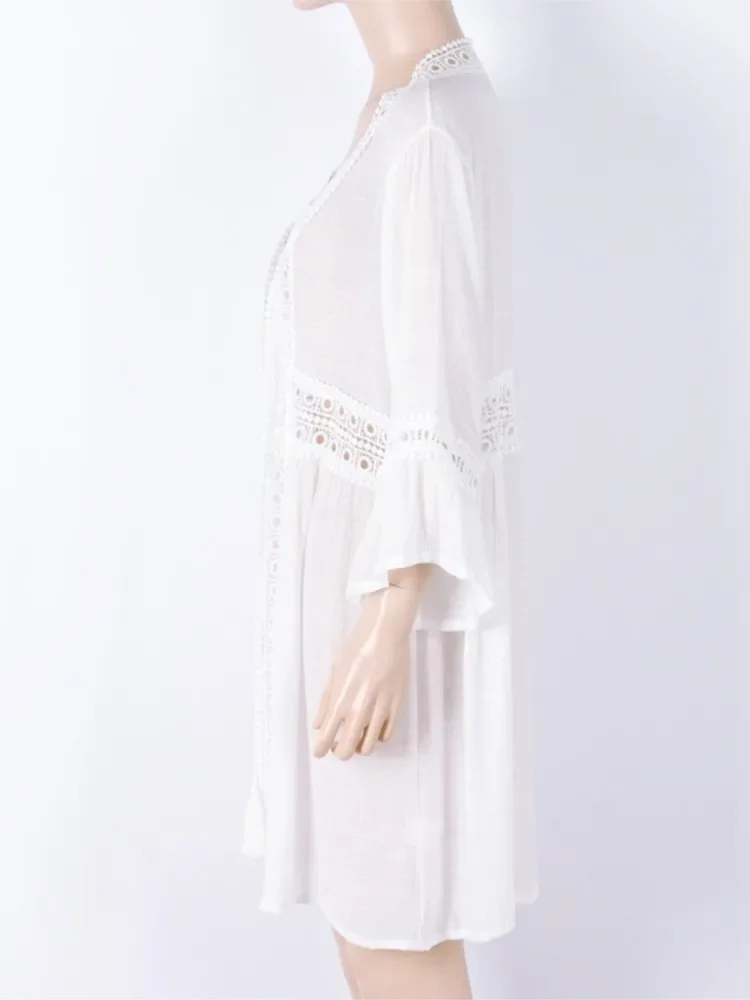 Summer Cover Ups Women Swimsuit Wrist Sleeve Robes Bathing Suit 2025 New White Beach Holiday Mini Dresses Cover-Up