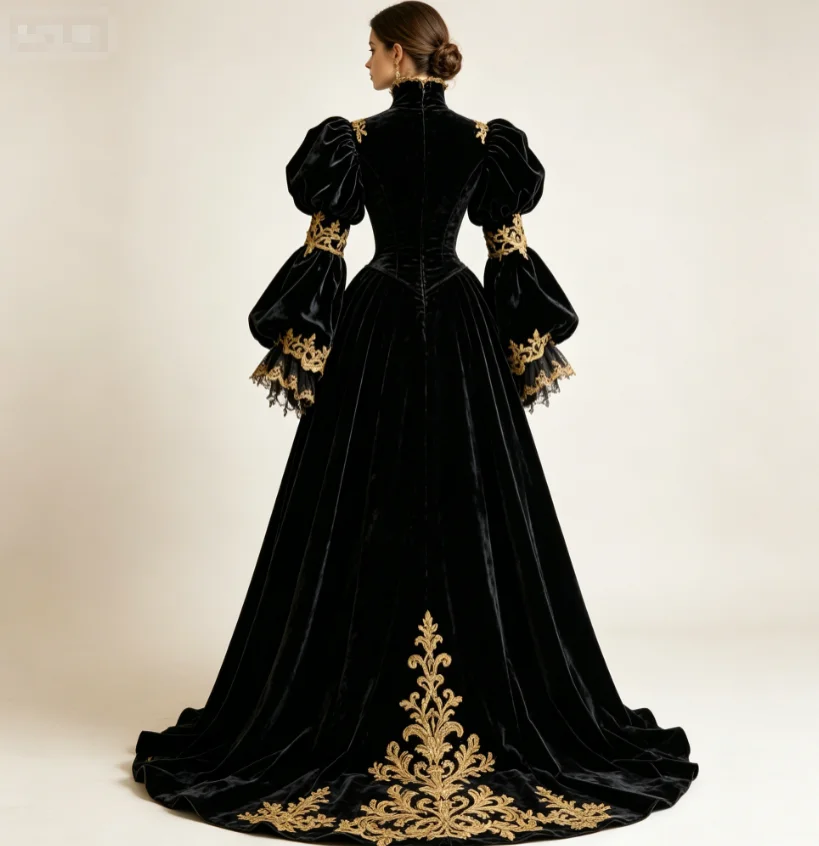 Vintage Tudor Black Evening Dress With Gold Lace Renaissance Costume Prom Dress Elegant Velvet Aesthetic Medieval Party Gowns