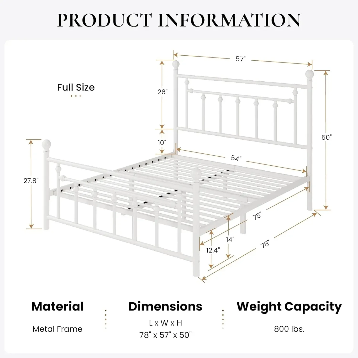 14'' Full Size Metal Platform Bed Frame/Victorian Headboard and Steel Slats Mattress Foundation for Storage