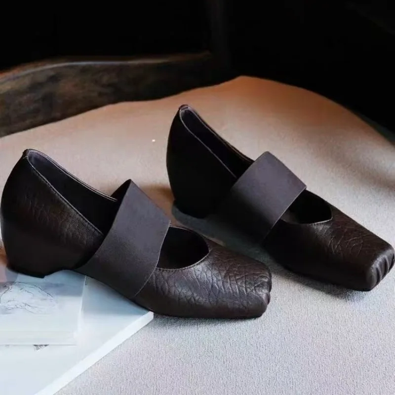 

Square-toed Women Shoes Autumn 2025 New Loafers Dress Work Pu Leather Shoes Walking Low Heels Retro Elastic Band Shoes Woman