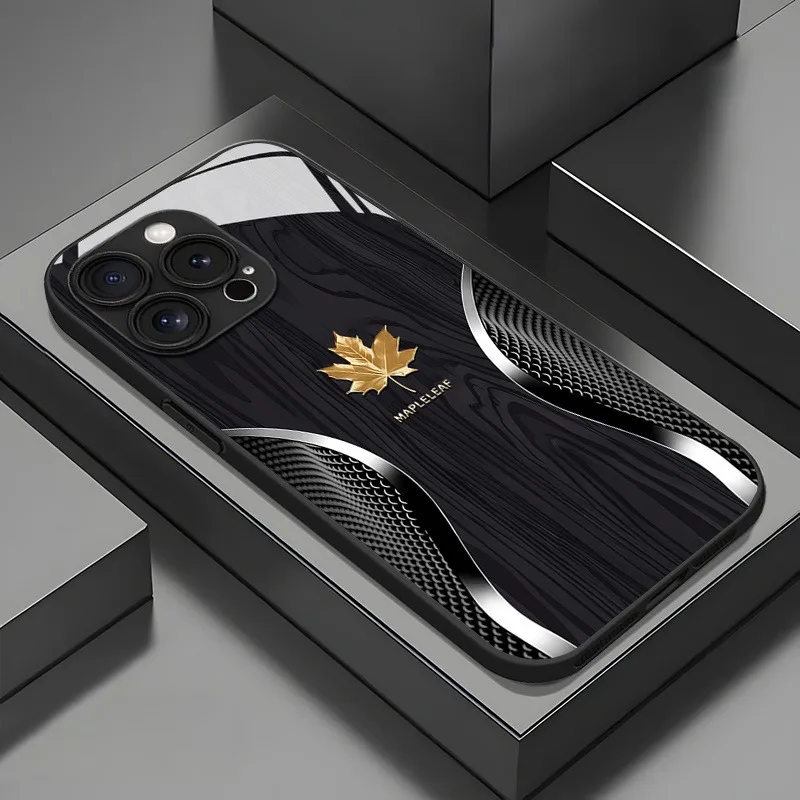 Funda de Teléfono de Vidrio Templado con Diseño de Hoja de Arce Estilo Ejecutivo Premium para iPhone 11 12 13 14 15 16 17 Pro Max XS X XR 7 8 Plus 16E