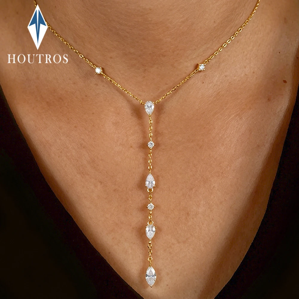 Full Moissanite Teardrop Diamond Lariat Necklace 925 Sterling Silver Y Drop Necklace for Women Bridal Party Wedding Jewelry Gift