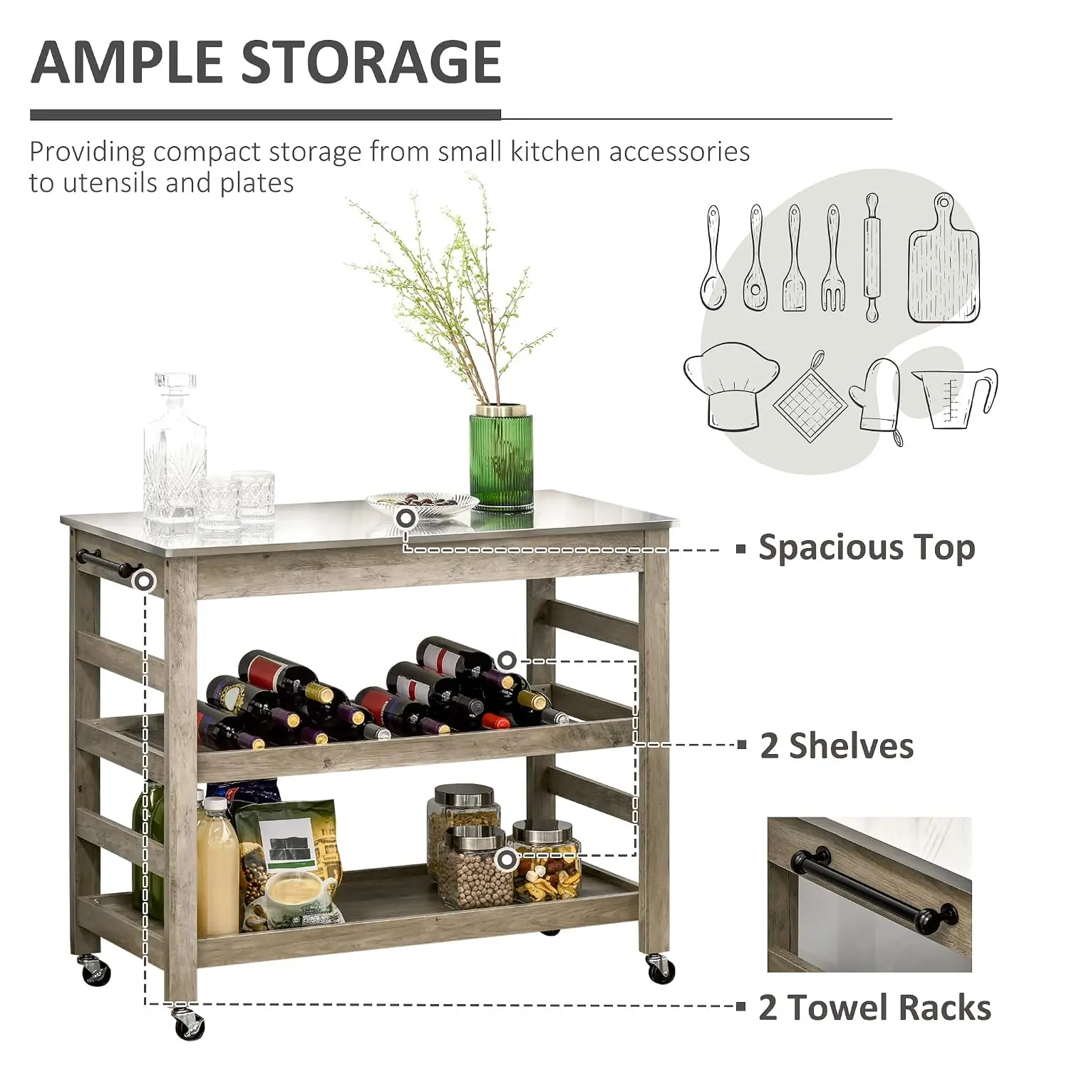 Rolling Kitchen Cart with Stainless Steel Countertop, Grey, Customized