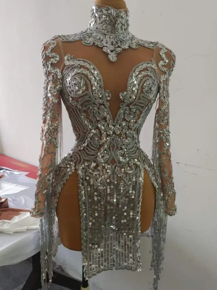 Costume de Scène à Paillettes Argentées Brillantes pour Femme, Tenue Sexy à Pampilles, Vêtements de Bar et Boîte de Nuit