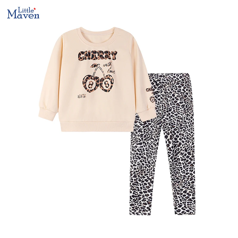 Little Maven Kinderkleidung für Kleinkinder, Mädchen, 2025, Herbst, Frühling, Kinderkleidung, Set, Cartoon, fröhlicher Leopard, Outfits, Oberteil + Hose, Sets