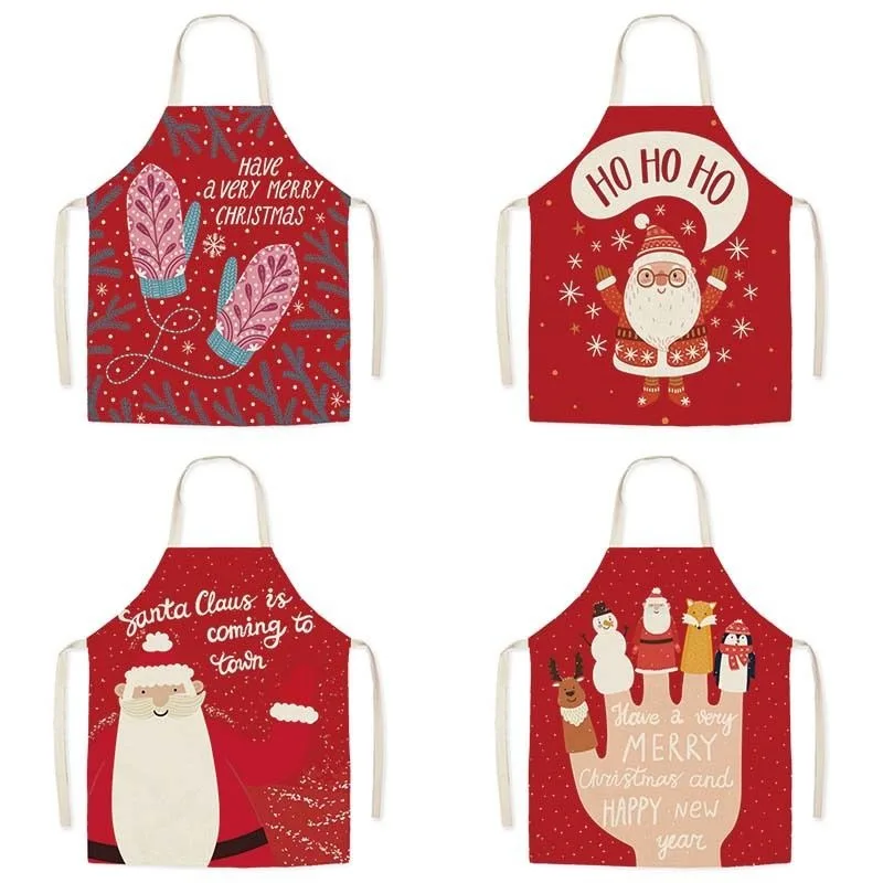 Christmas Aprons Santa Claus Xmas Tree Deer Printing Brief Kitchen Apron BBQ Baking Cooking Cleaning Accessories New Year Gifts