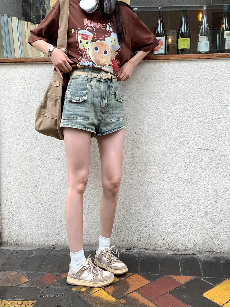 

Versatile High Waist A-Line Denim Shorts Women's Bubble Waist Belt Super Short Jeans Summer Straight Leg Pants Deep Light Colors
