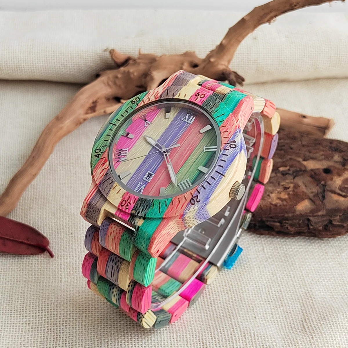 Men Quartz Watches Calendar Dial Colorful Bamboo Wooden Watch Natural Bracelet New Vintage Wood Male Best Birthday Gifts