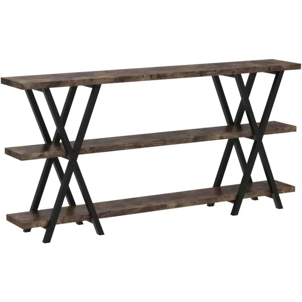 Sofa Table, 70.9 Inch 3 Tier Extra Long Console Table with Storage Shelves for Entryway Living Room, Rustic Brown Black…