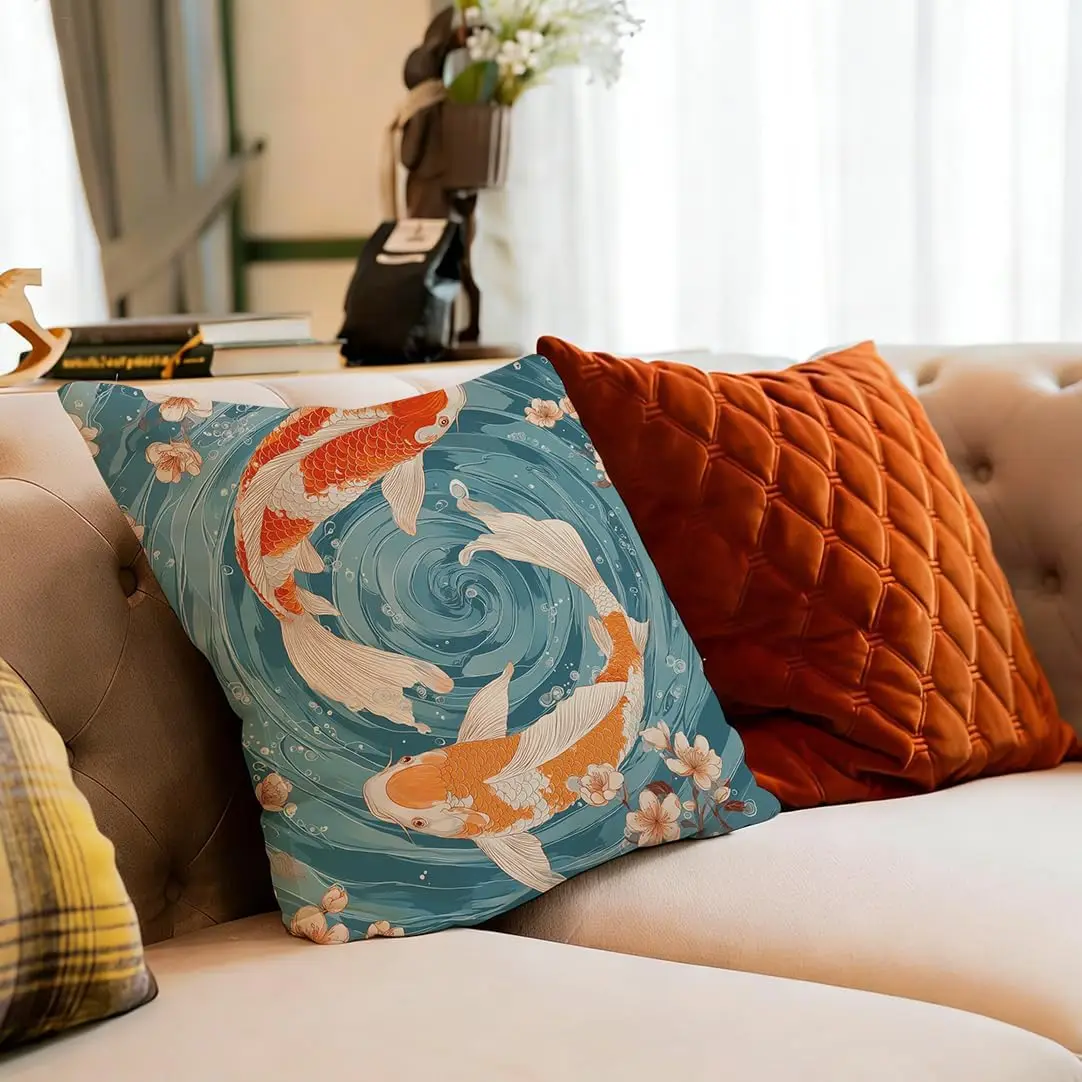 Aesthetic Koi Fish Pillowcase Blue Water Pond Floral Cherry Blossom Japanese Art Cushion Cover Home Decor