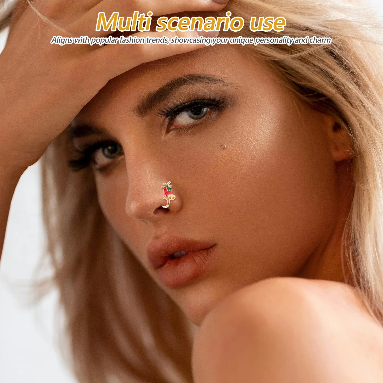 Cincin Hidung Bentuk U Tanpa Tindik Seri Natal Perhiasan Hidung Palsu Kecil Tahan Lama Detail Enamel Tembaga Gaya Serbaguna Pesta