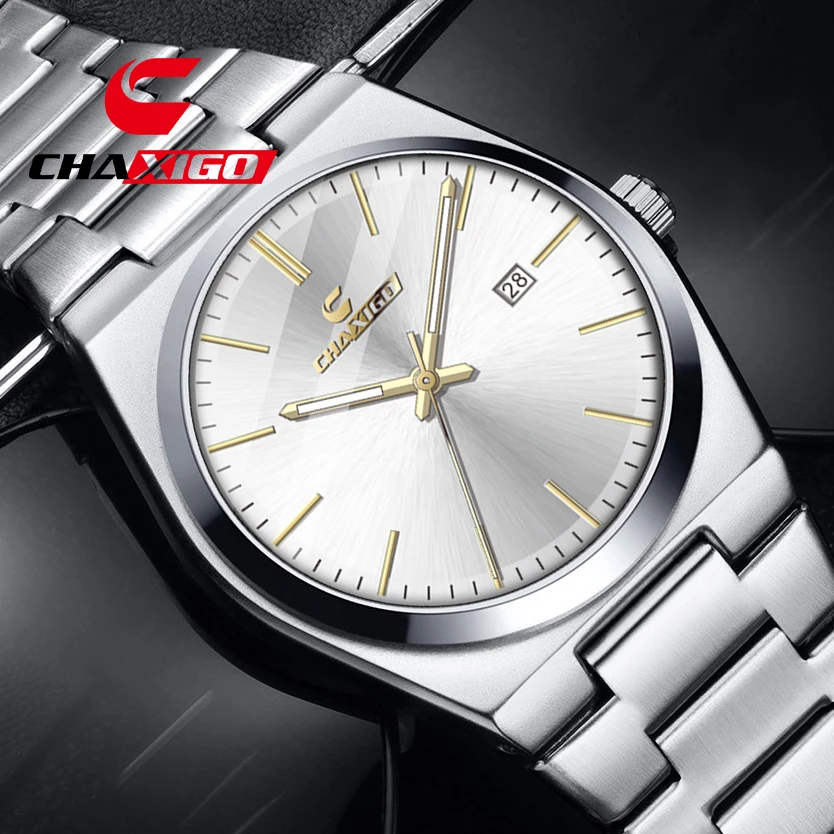 

CHAXIGO Men's Fashion Business Stainless Steel Watch with Double Calendar Display 3ATM Water Resistance Elegant Design