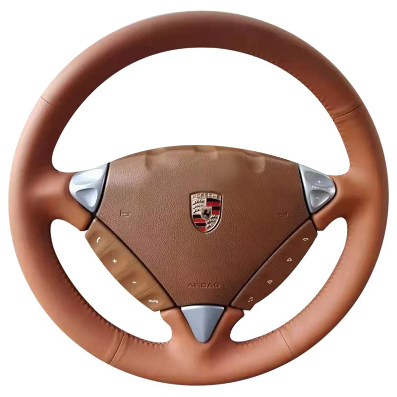 

Hand-stitched non-slip brown Genuine Leather car Steering Wheel Cover For Porsche Cayenne 2003-2010 Auto Parts