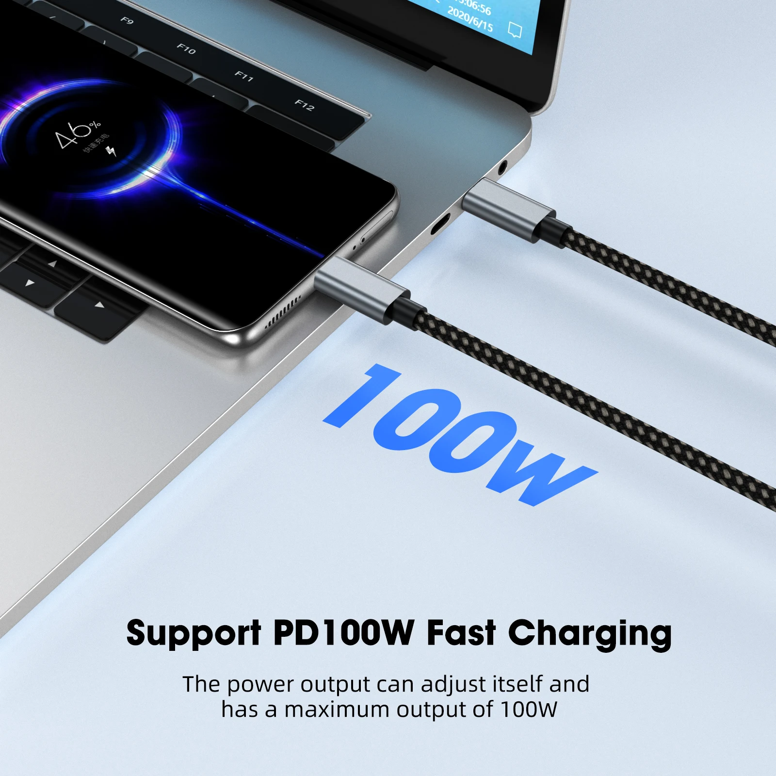 كابل 100 وات من النوع C 2.0 - USB C إلى النوع C، شحن سريع مزدوج الإخراج ونقل البيانات، تصميم متين مضفر من النايلون #2