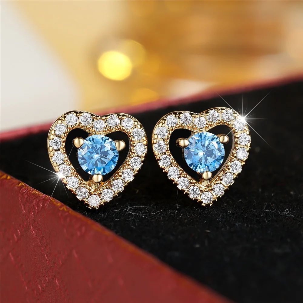 Cute Female White Blue Zircon Stone Heart Stud Earrings Vintage Gold Color Wedding Party Gift Jewelry For Women