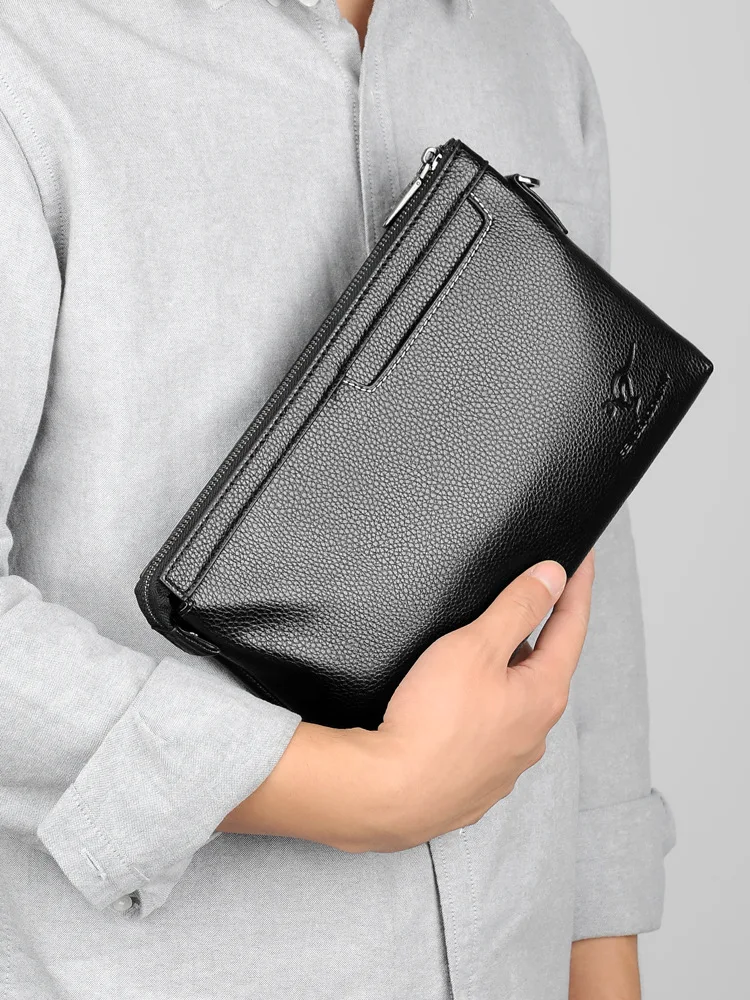 Bolsa de embreagem de couro PU para homens, porta-carteira com zíper moda, bolsa Ipad para telefone, alça de pulso portátil, bolsa envelope masculina