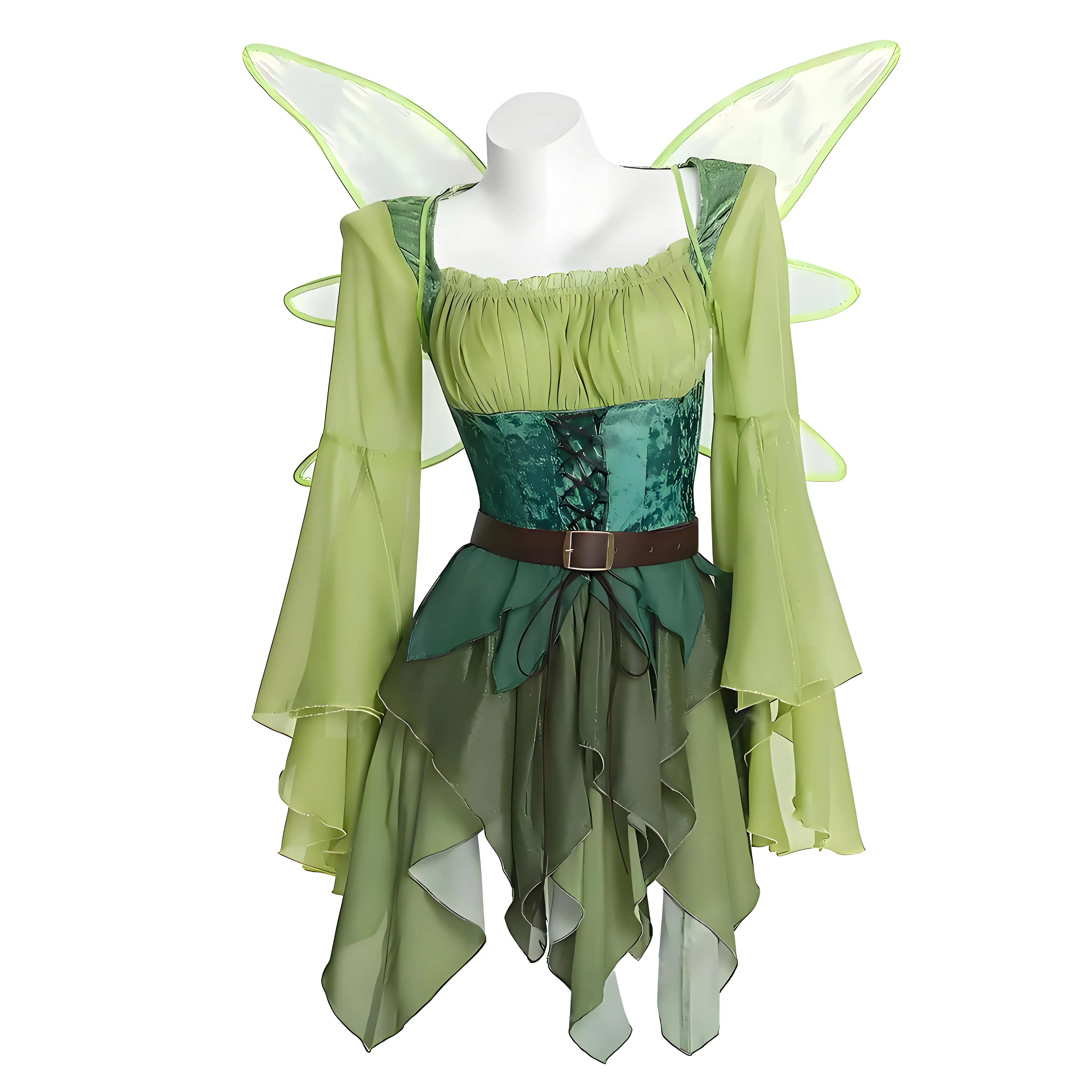 

Women's Medieval Green Fairy Dress Magical Elf Dress and Belt with Wings Halloween Cosplay Party Performance Fantasy Costumes