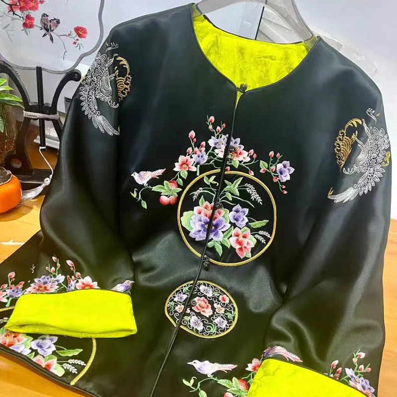 High-end Spring Autumn Coat New Chinese Style Embroidery Acetate Women Elegant Loose Coat S-XXL