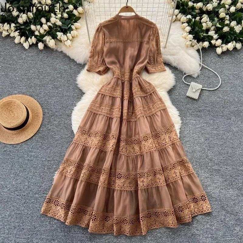 Summer Dresses for Women Slim Waist Short Sleeve Vintage Robe Femme Patchwork Lace Hollow Out Maxi Dress 2024 Vestidos De Mujer