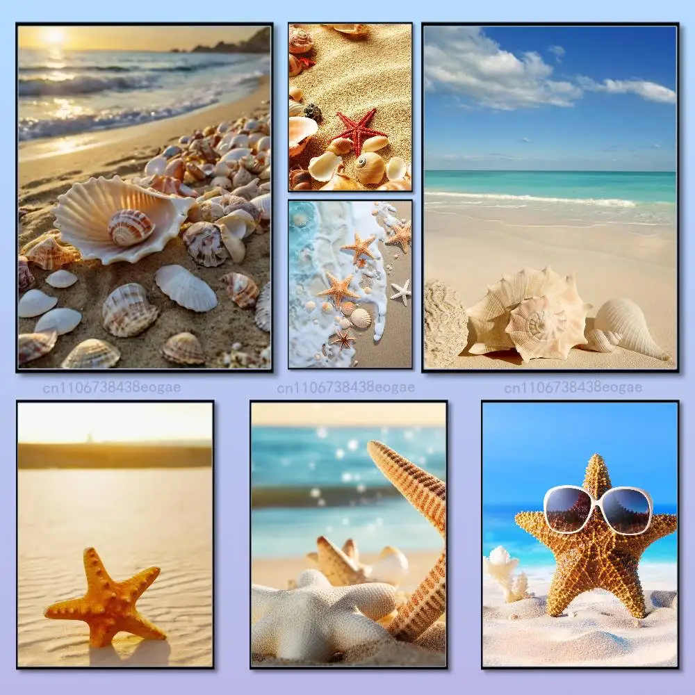 

Beach Shells Starfish Poster HD Art Sticky Wall Waterproof For Bedroom Game Room Wall Home Decor Gifts