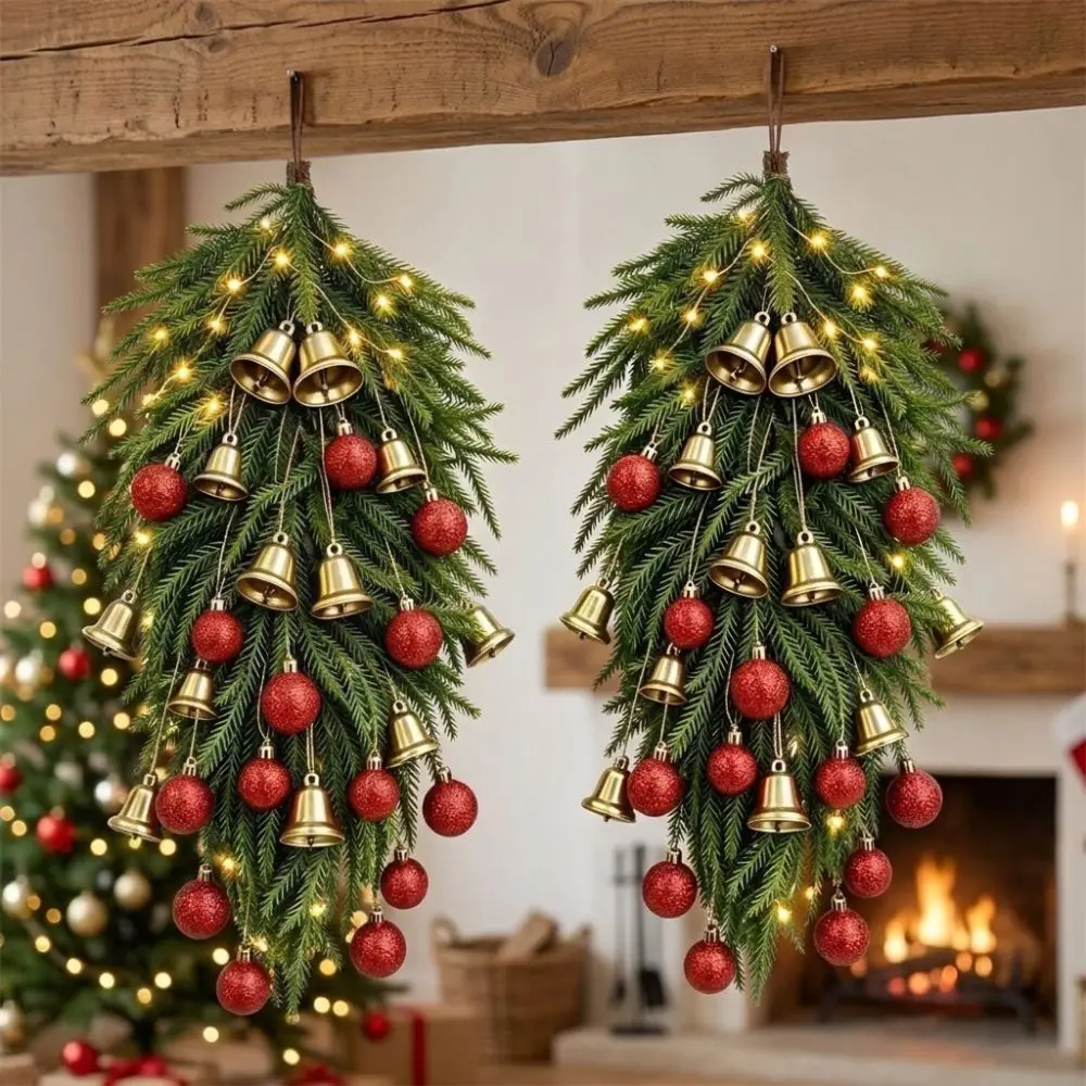 14Pcs Vintage Style Artificial Pine Christmas Hanging Red Gold Glitter Baubles Christmas Door Hanger Wreath Kit Fade-Resistant