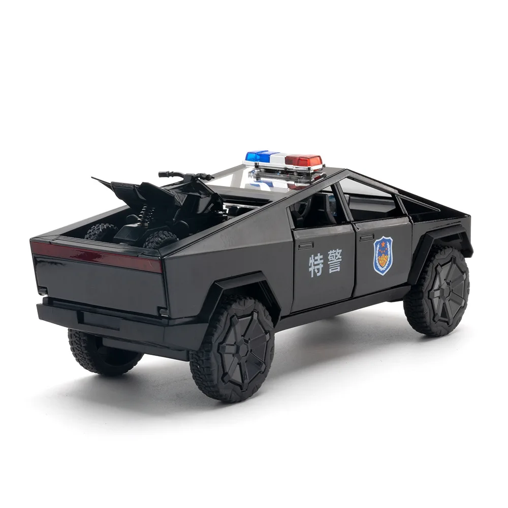 :24 Tesla Pickup Police Car High Simulation Diecast Metal Alloy Model Car Sound Light Pull Back Collection Kids Toy Gifts