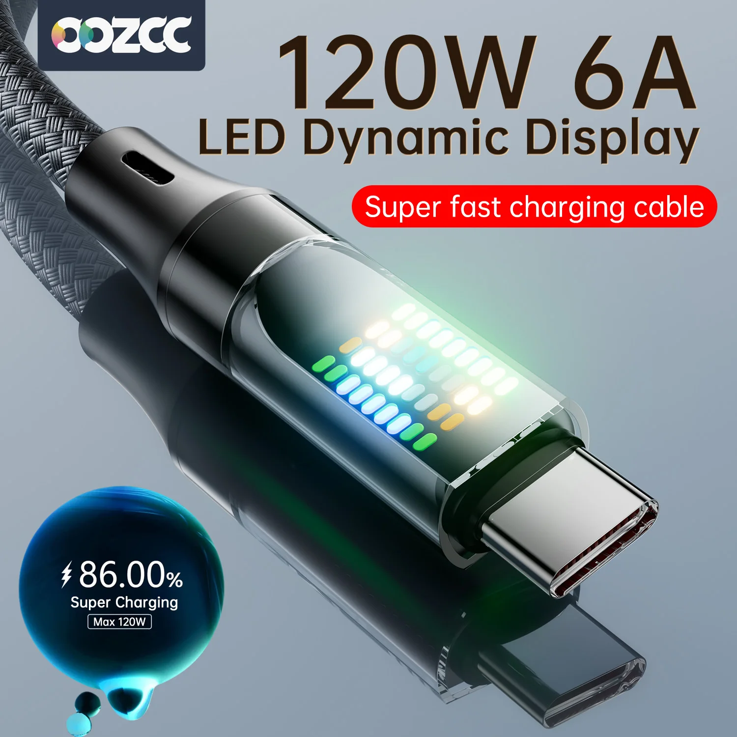 OOZCC 120W Kabel szybkiego ładowania typu C 6A USBA do nylonowego przewodu danych typu C dla Xiaomi Samsung z wyświetlaczem LED Kabel USB C