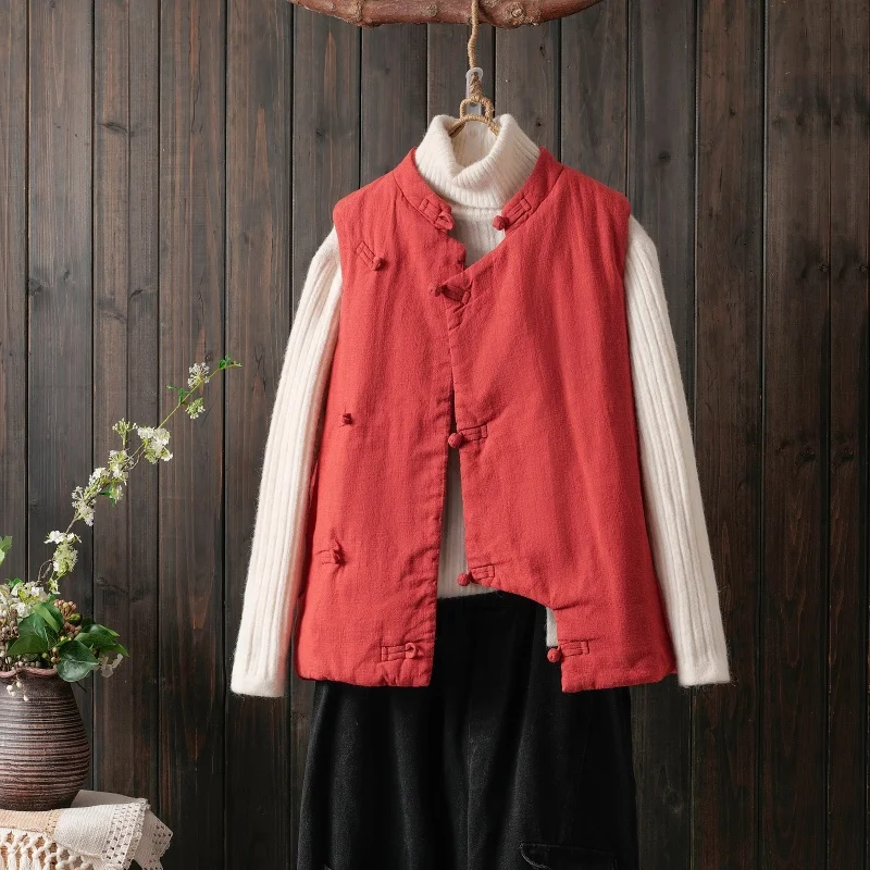

High-End Anti-Aging Thickened Cotton Vest Women's Winter New Style Stand Collar Ethnic Style Shoulder Pad Handmade Button Cot...