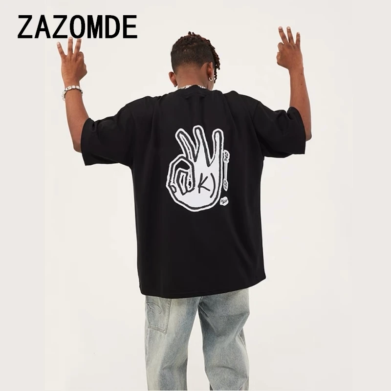 

ZAZOMDE Summer American Men and Women Trendy Street Personality OK Gesture Print Short sleeved Couple Loose Casual T-shirt Top