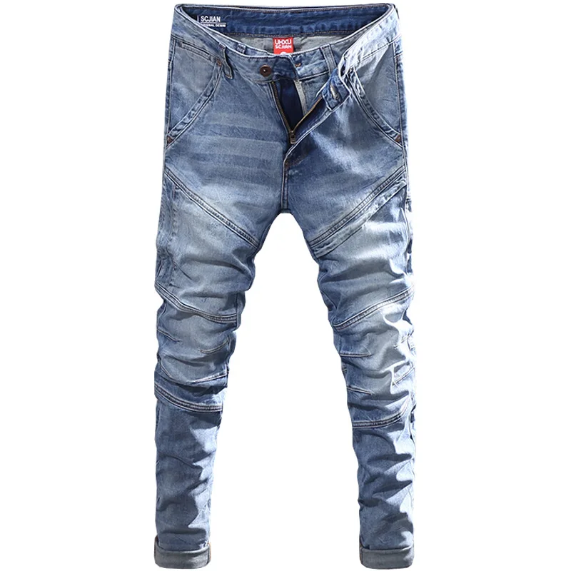 2025 Spring New Motorcycle Splicing Jeans Men's Slim Fit Small Feet Elastic Retro Grinding White Casual Pants