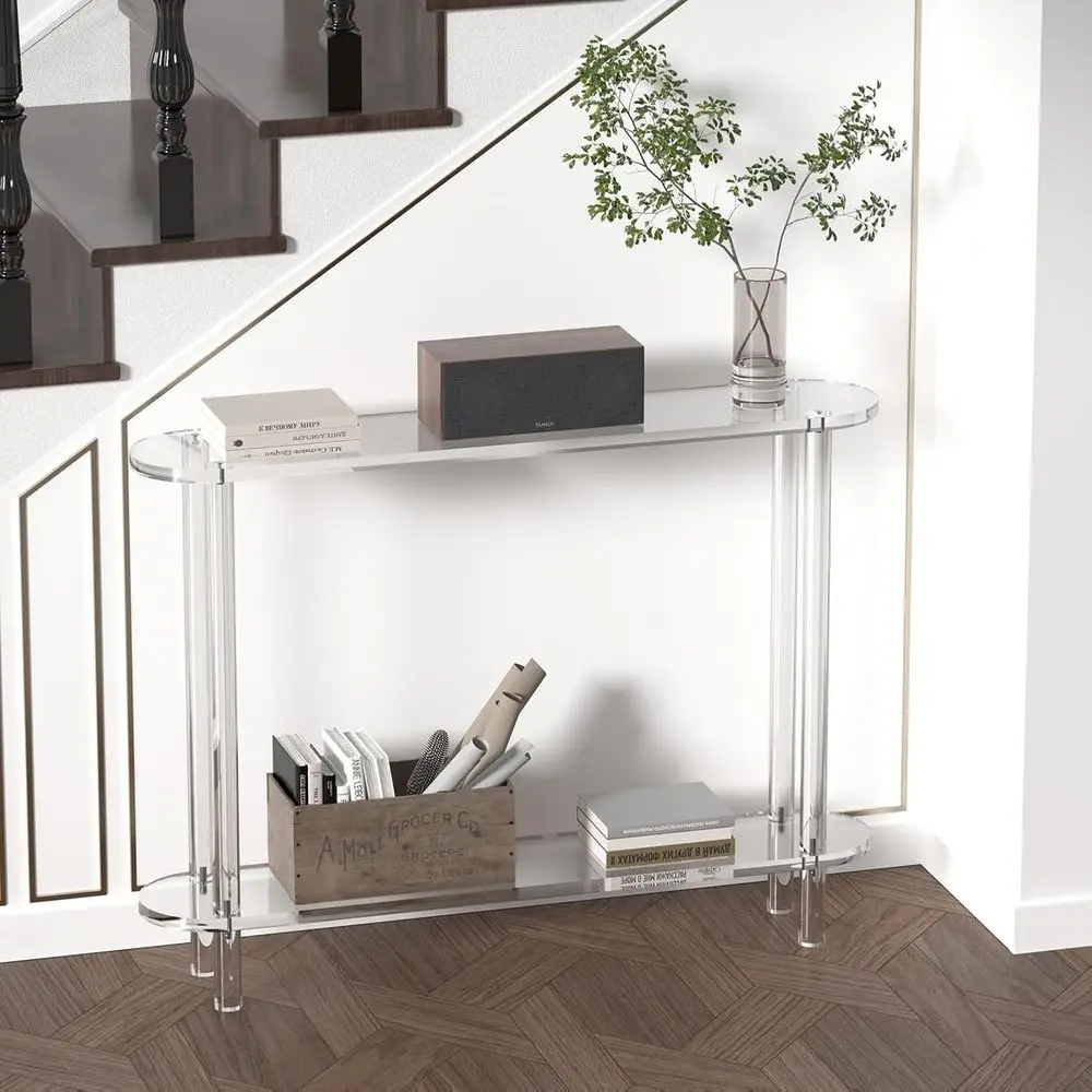 Mesa consola acrílica de 2 niveles Slimline 39W x 31H para espacios habitables modernos