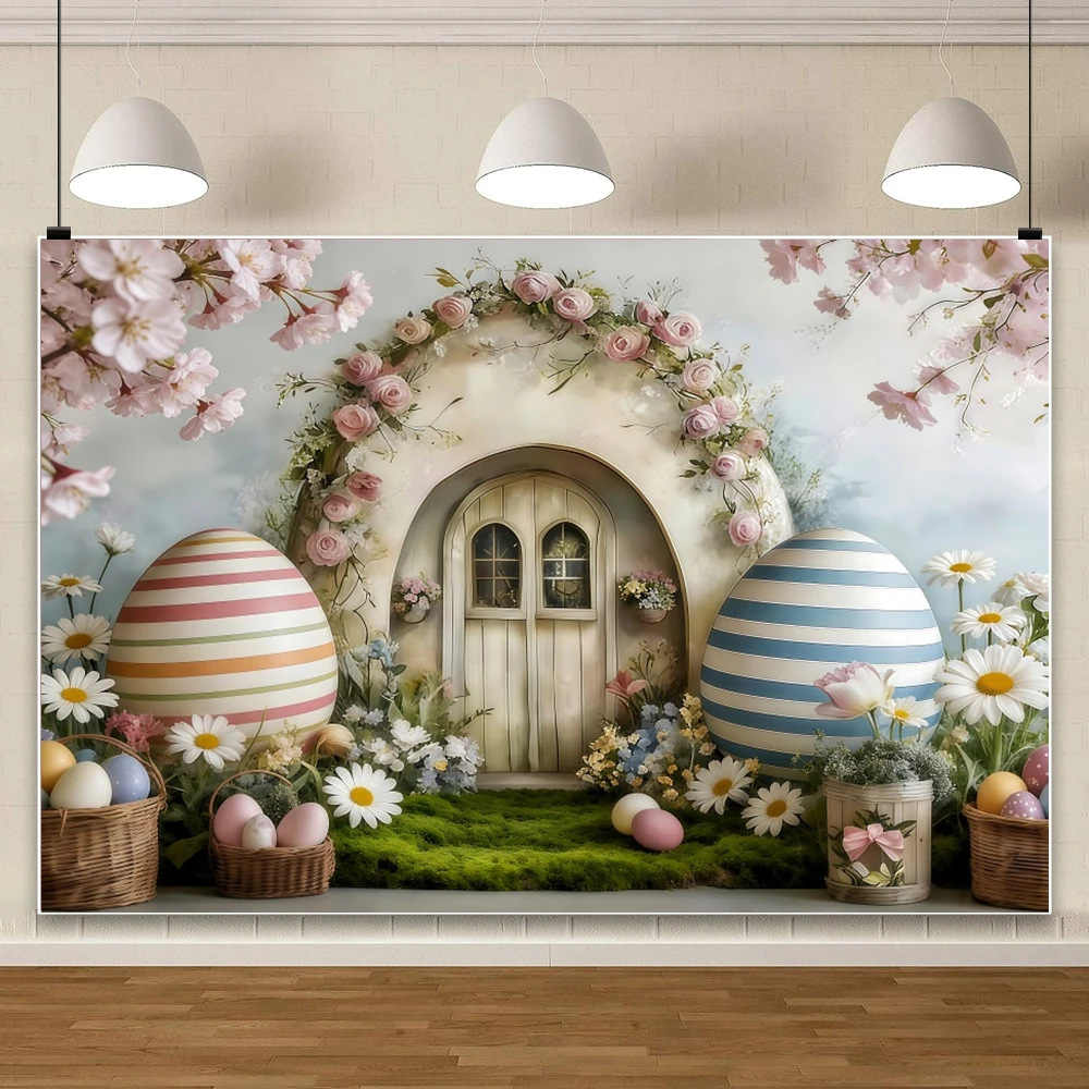 Easter Gnome Cottage Backdrop Floral Bunny Egg Decor For Spring Holiday Kids Party Baby Shower Photo Booth Background Decoration
