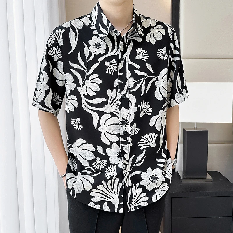 2025 Summer Ice Silk Breathable Shirts Men Retro Print Loose Casual Hawaii Short Sleeve Shirt Vacation Shirt Social Streetwear