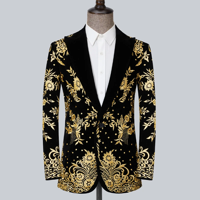 

Vintage Men Exquisite Embroidered Suit Outwear Silm Long Sleeves Lapel Party Performance Velvet Blazer